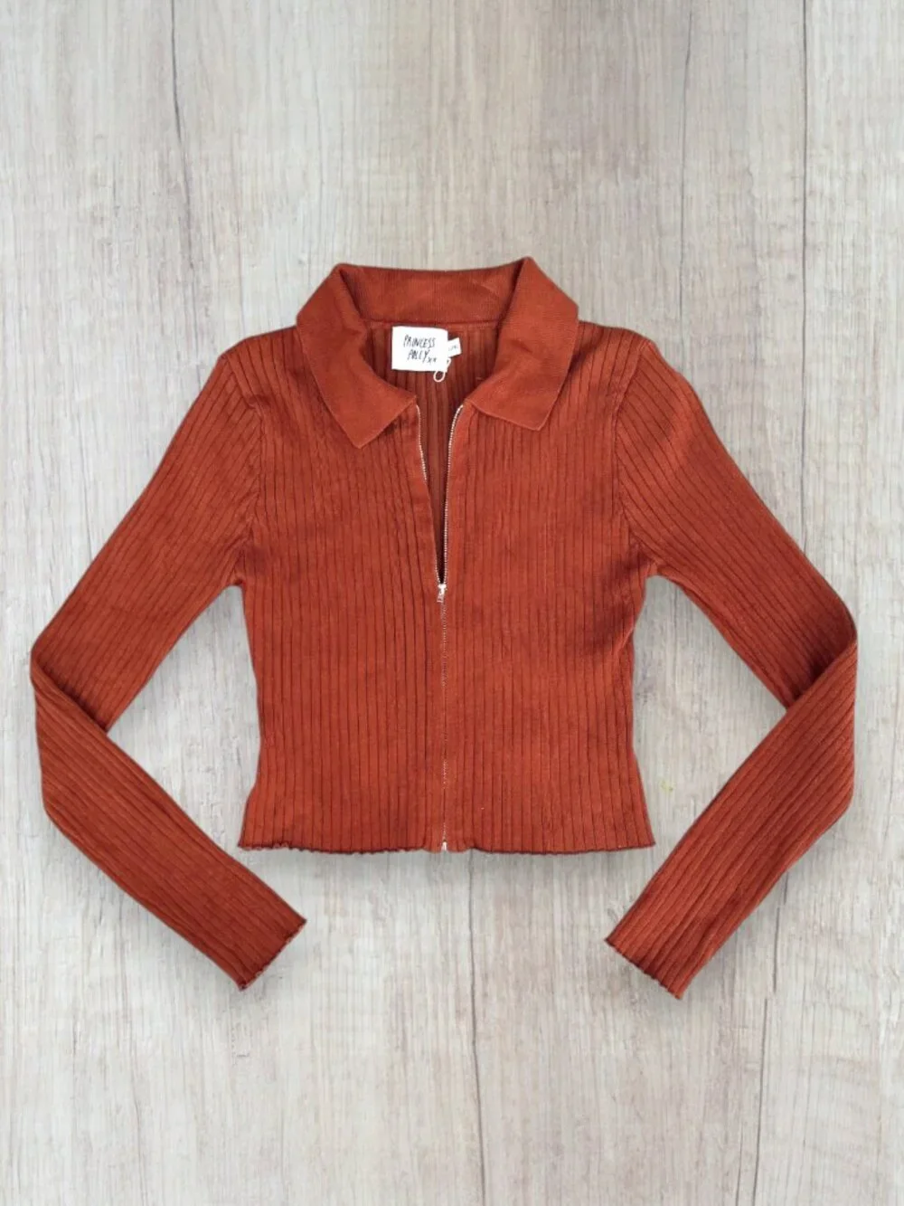 Princess Polly Collared Rib Knit Y2K Zip Up Sweater Top Rust Brown Fitted L/XL